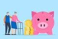Elderly couple stands with stack dollar coins and pink piggy bank in flat design