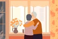 An elderly couple stands by the window in an embrace. Generative AI