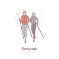Elderly couple on stroll, fitness, sport exercise, married seniors pair outdoor recreation, active retirement banner