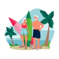 Elderly couple with surfboards by the ocean. Vector flat cartoon illustration of summer beach outdoor leisure