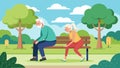 An elderly couple takes a break from their power walk to stretch on a bench enjoying the peaceful scenery of a treelined Royalty Free Stock Photo