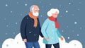 An elderly couple takes a walk together reminiscing on their years of love and sacrifice while the snowflakes fall