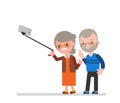 Elderly couple taking selfie with walking stick. Happy grandma grandpa taking photo using smartphone. Vector cartoon character Royalty Free Stock Photo