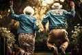 Elderly couple with their backs turned jumping in the garden. Generative AI.