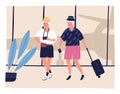 Elderly couple tourist going on terminal at airport vector flat illustration. Man and woman carry suitcase preparing to