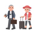 Elderly couple of tourists. Grandmother and grandfather with suitcases are traveling . Senior couple walking.