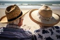 Elderly couple tourists looks at beautiful azure sea in summer, back view. Ai generated