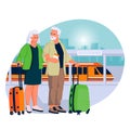 Elderly couple travel by train. Vector flat cartoon illustration of tourism and vacation for seniors and pensioners