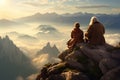 An elderly couple of travelers sit on top of a mountain and look at the landscape. generative AI