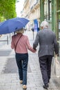 Elderly couple under umbrella holding hands. Loving each other old people go down the street.