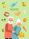 Elderly couple with vegetables vector illustration. Healthy diet for mature concept. Health lifestyle for olds.