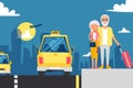 Elderly couple waiting for taxi, vector illustration. Grandparents on vacation, cartoon characters. Taxi service from Royalty Free Stock Photo