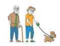 Elderly Couple Walk with Dog. Senior Male and Female Characters Walking with Pet, Spending Time Outdoors Relaxation Royalty Free Stock Photo