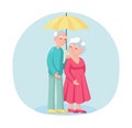 Elderly couple walk under a common umbrella.