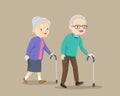 Elderly couple walking cane old senior man and woman walking together