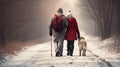 Elderly couple walking on a cold winter day with their dog. Loving family walking. Generative AI