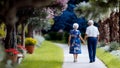 Elderly couple walking hand in hand through a garden with trees and plants Royalty Free Stock Photo