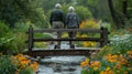 An elderly couple walking hand in hand across a wooden bridge over a small stream Royalty Free Stock Photo