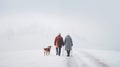 Elderly couple walking on a snowy country road with their dog. Old man and woman taking a walk. Generative AI Royalty Free Stock Photo