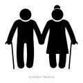 elderly couple with walking sticks vector icon. older people mental health, age care concept
