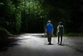 Elderly couple trekking in the woods. Cesiomaggiore, Belluno, Italy