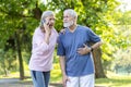 An elderly couple walks in the park, a gray-faced man stands and holds his hand to his chest, feels pain in his heart, a Royalty Free Stock Photo