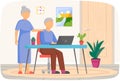 Elderly couple watching video, chatting, working with laptop. Retired people uses computer at home