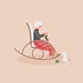 Elderly cute woman is sitting in a rocking chair.Old lady covered her feet with checked woollen plaid.Cartoon granny is knitting a