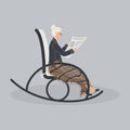 Elderly cute woman is sitting in a rocking chair.Old lady covered her feet with checked woollen plaid.Cartoon granny is reading