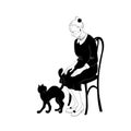 Elderly elegant lady with a cat. Line art concept of loneliness in old age Royalty Free Stock Photo