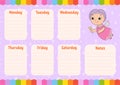 Elderly fairy. School schedule. Timetable for schoolboys. Empty template. Weekly planer with notes. Isolated color vector