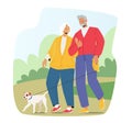 Elderly Family Couple Enjoying Outdoor Promenade With Pet. Smiling Characters Walk With Dog at Park. Happy Man and Woman Royalty Free Stock Photo