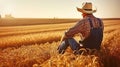 Elderly Farmer Reflecting on a Bountiful Harvest and looks into the distance. Generative AI