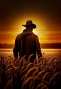 An elderly farmer stands with his back and looks at the harvest of ripe wheat at sunset