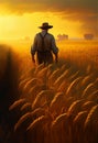 An elderly farmer stands with his back and looks at the harvest of ripe wheat at sunset. AI Generated