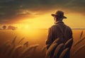 An elderly farmer stands with his back and looks at the harvest of ripe wheat at sunset
