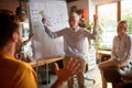 An elderly female boss is angry on her young male colleague while presenting a business plan at workplace. Business, office, job Royalty Free Stock Photo