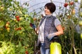 Elderly female gardener spraying plants with chemicals in backyard greenhouse