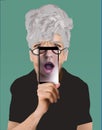 An elderly female school teacher holds a cell phone in front of her face and a mouth and nose pictured on the phone look like part