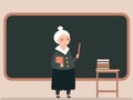 Elderly Female Teacher Showing Stick With Empty Blackboard, Books At Stool Illustration. Happy Teachers Day