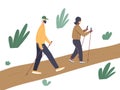 Elderly fit man and african woman engaged in Nordic walking with sticks on path in park. Old athletic male and plump fashionable