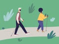 Elderly fit man and african woman engaged in Nordic walking with sticks on path in park. Old athletic male and plump fashionable