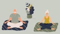 Elderly funny woman in yoga lotus position doing meditation, mindfulness practice,spiritual discipline at home or gym.Cute old