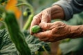 elderly gardener picks cucumbers in his greenhouse generative ai