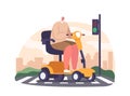 Elderly Gentleman Confidently Navigates His Motorized Wheelchair Scooter Across The Zebra Crossing, Vector Illustration