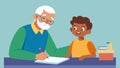 An elderly gentleman helping a child with their homework at an afterschool program patiently explaining concepts and