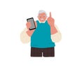 An elderly grandfather is holding a cell phone.Grandpa calls for attention. Raise his index finger up.