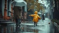 Elderly grandfather and his grandson on a rainy day.