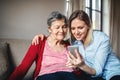 Elderly grandmother and adult granddaughter with smartphone at home. Royalty Free Stock Photo