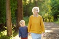 Elderly grandmother and her little grandchild walking together in sunny summer park. Grandma and grandson Royalty Free Stock Photo